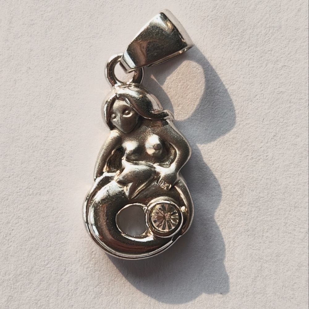 Sterling Silver Mermaid Pendant with Clear Crystal Gem